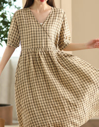 Casual Plaid V-Neck Short Sleeve Linen Midi Dress