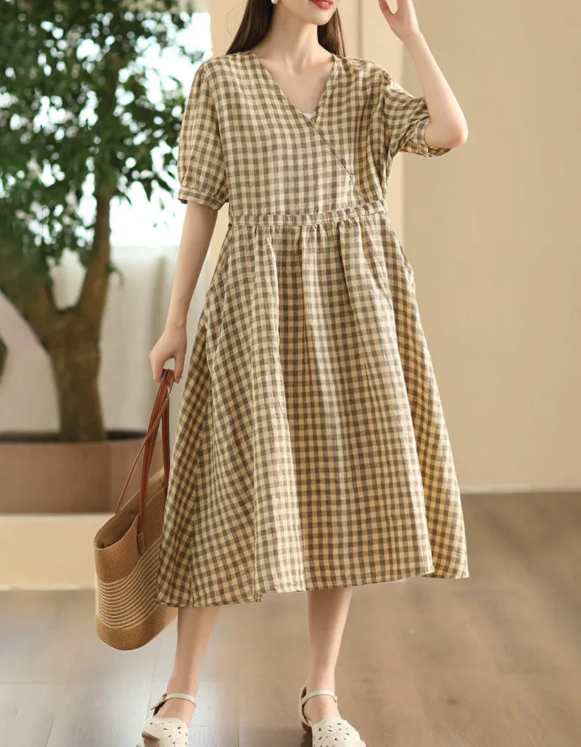 Casual Plaid V-Neck Short Sleeve Linen Midi Dress – Islinen