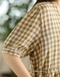 Casual Plaid V-Neck Short Sleeve Linen Midi Dress