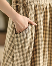 Casual Plaid V-Neck Short Sleeve Linen Midi Dress
