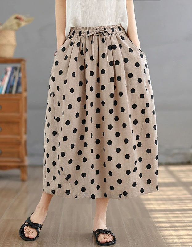 Women’s Polka Dot Midi Skirt – Elastic Waist A-Line Casual Summer Skirt