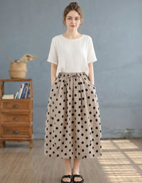 Beige Polka Dot Skirt for Women – Loose Fit Midi Skirt with Pockets