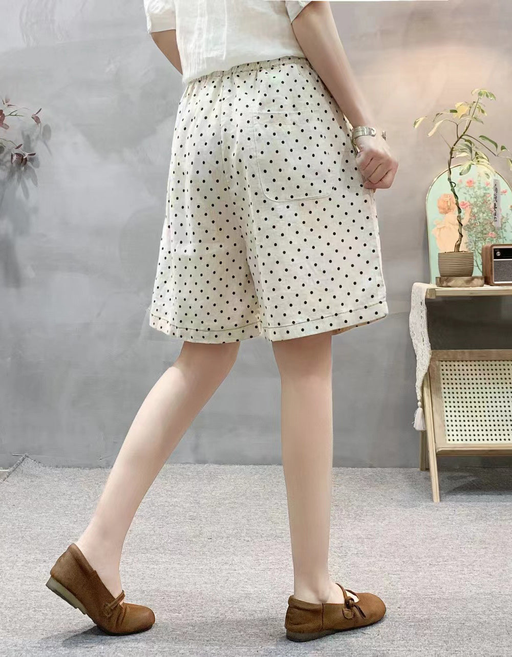 Casual Polka Dot High Waist Linen Shorts