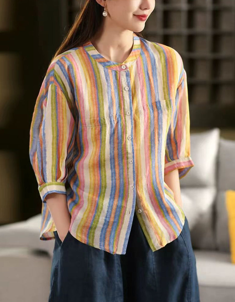 Casual Rainbow Striped Linen Shirt