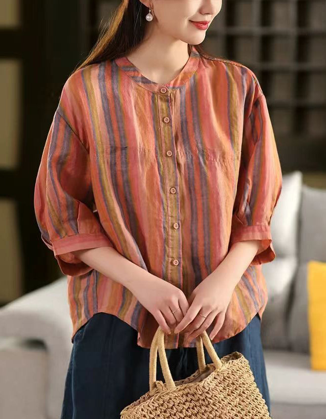 Casual Rainbow Striped Linen Shirt
