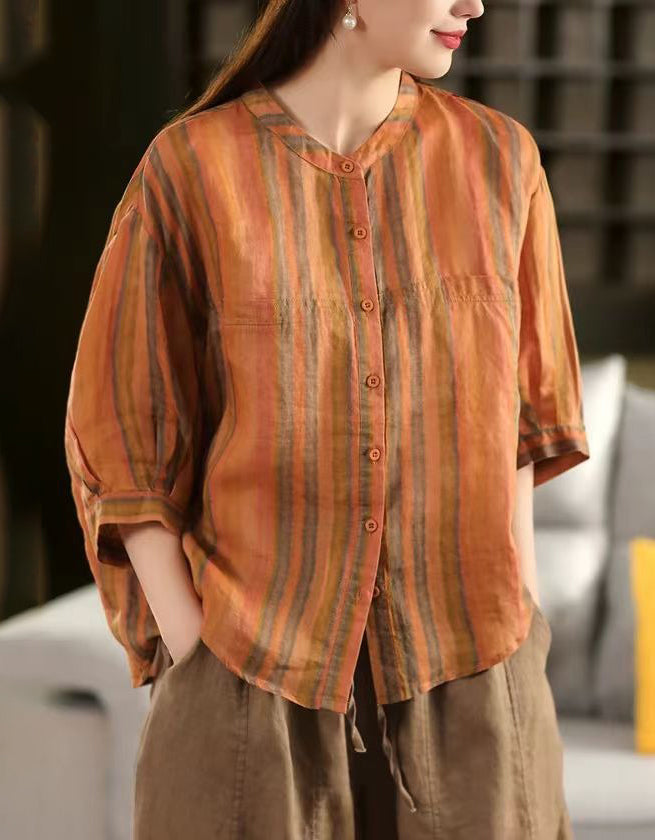 Casual Rainbow Striped Linen Shirt