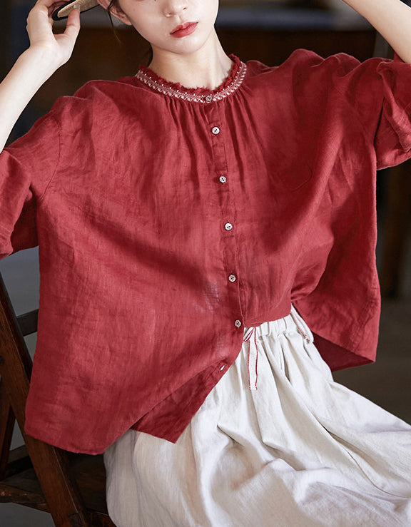 Casual Red Ruffle Neck Linen Shirt