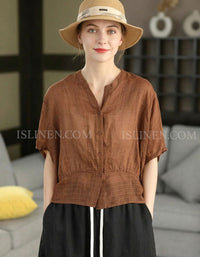 Women's Brown Cotton Linen Batwing Button-Up Blouse