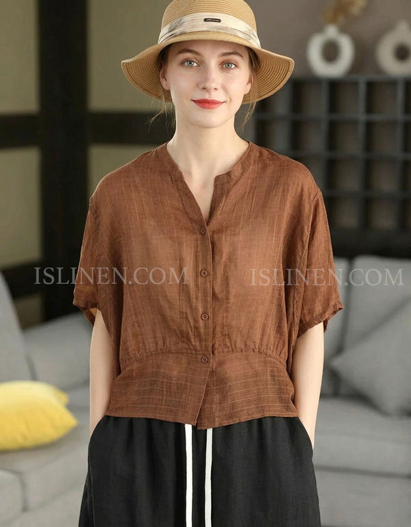 Women's Brown Cotton Linen Batwing Button-Up Blouse