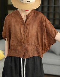 Women's Loose Brown Linen Batwing Sleeve Blouse