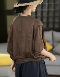 women's brown cotton linen batwing sleeve blouse