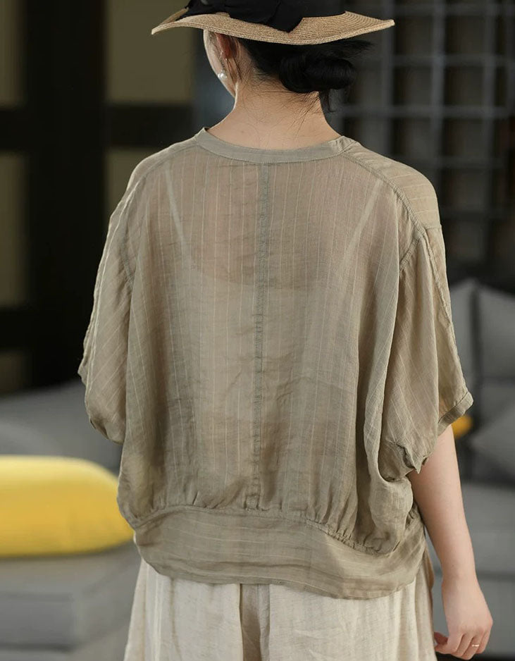 Women's brown cotton linen batwing sleeve button-up blouse with relaxed fit