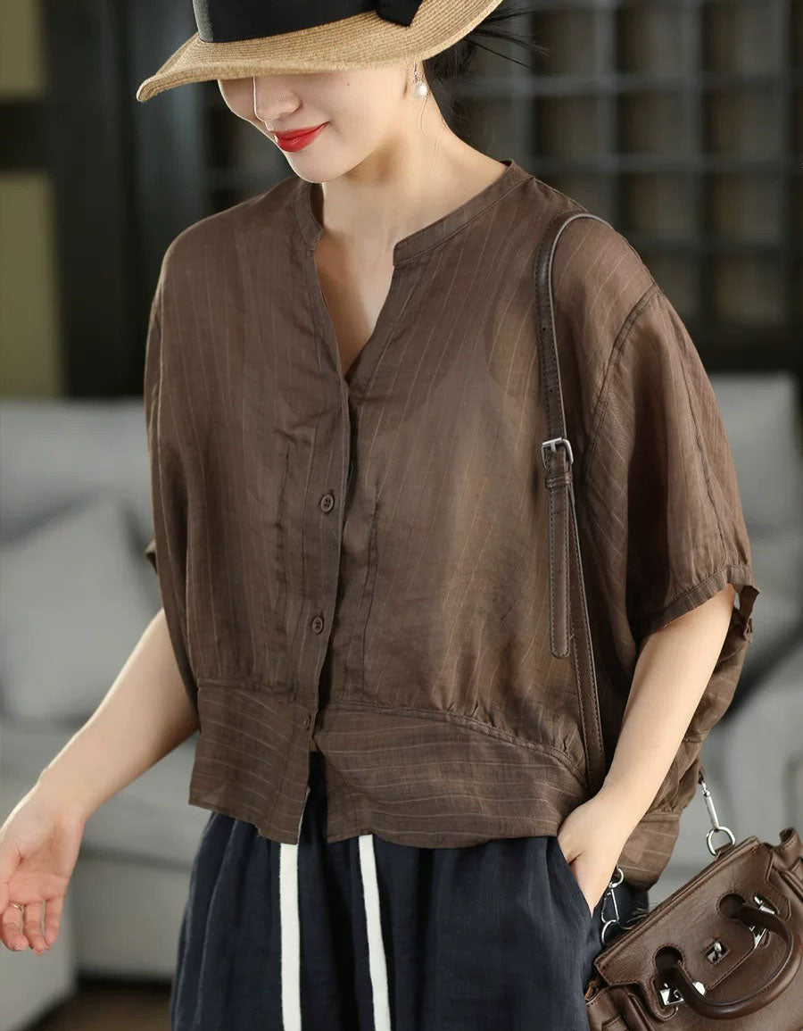 Women's Brown Linen Batwing Sleeve Casual Shirt