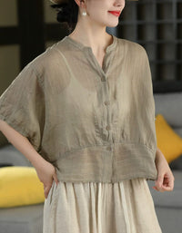 Vintage Brown Cotton Linen Loose Fit Summer Blouse