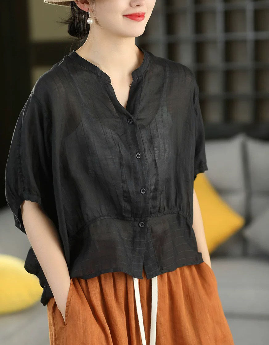 Boho Brown Cotton Linen Button Front Summer Top