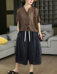 Vintage Brown Linen Button-Up Relaxed Fit Top