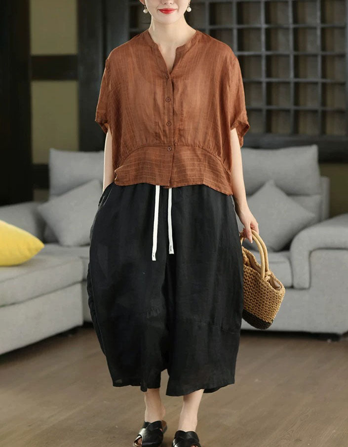 Women's Casual Brown Cotton Linen Oversized Blouse