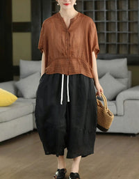 Women's Casual Brown Cotton Linen Oversized Blouse