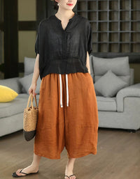 Relaxed Fit Brown Cotton Linen Summer Button Top