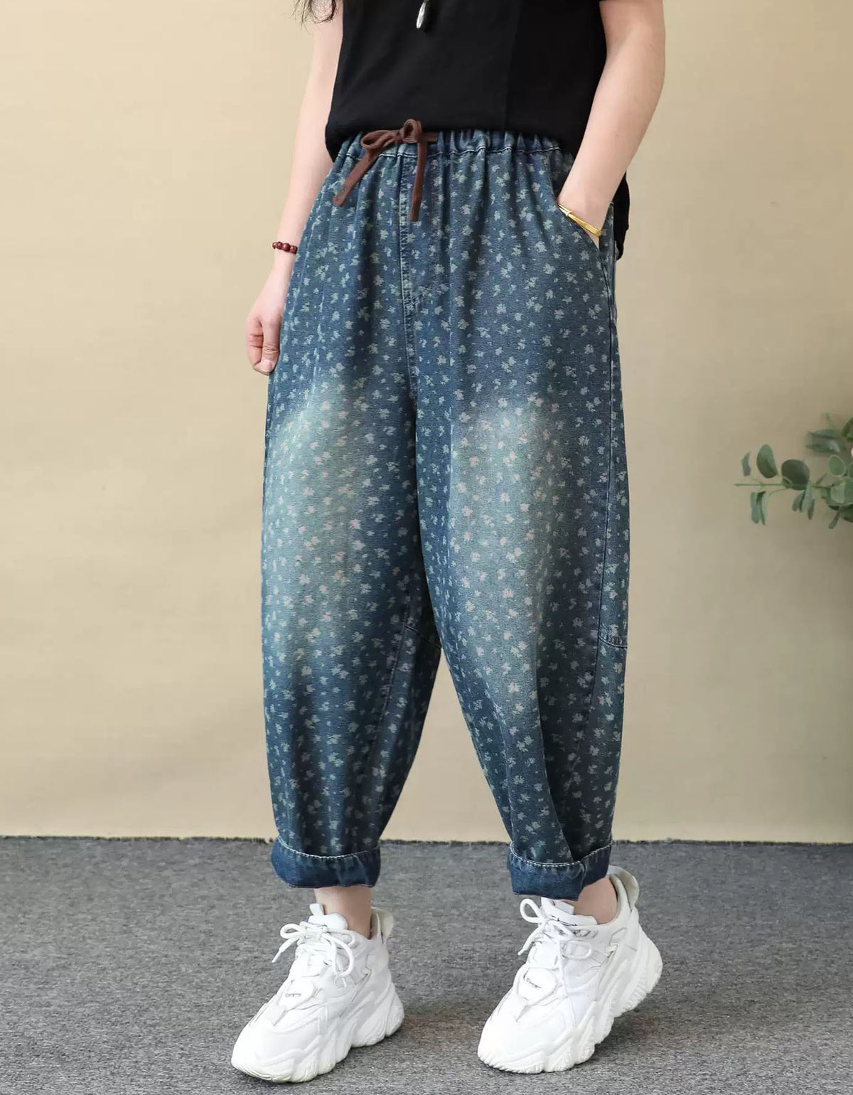 Boho Floral Print Denim Harem Trousers for Women