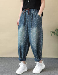 Boho Floral Print Denim Harem Trousers for Women