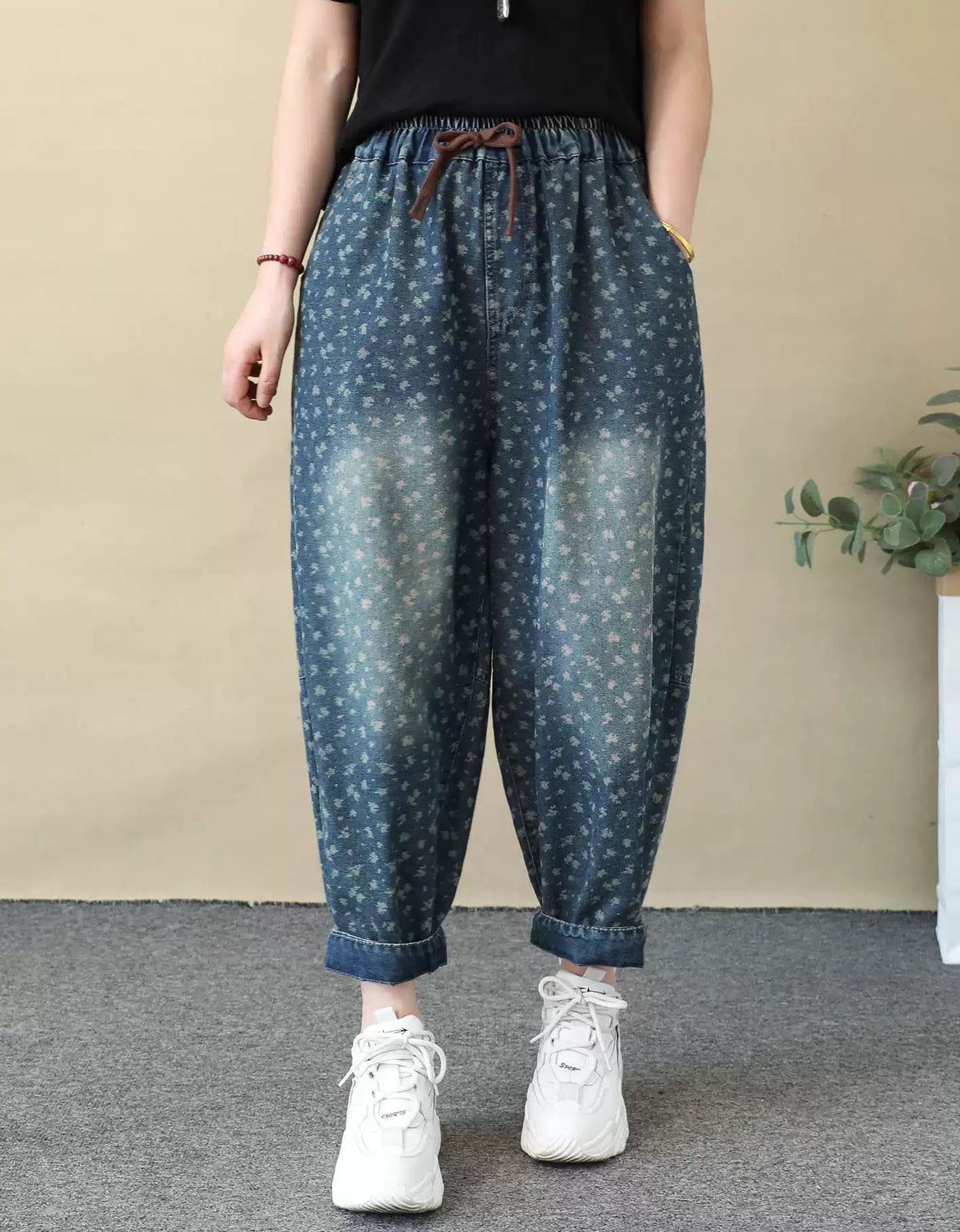 Vintage Floral Print Denim Harem Pants for Women