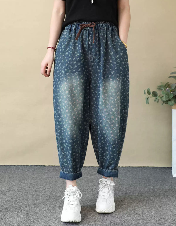 Vintage Floral Print Denim Harem Pants for Women