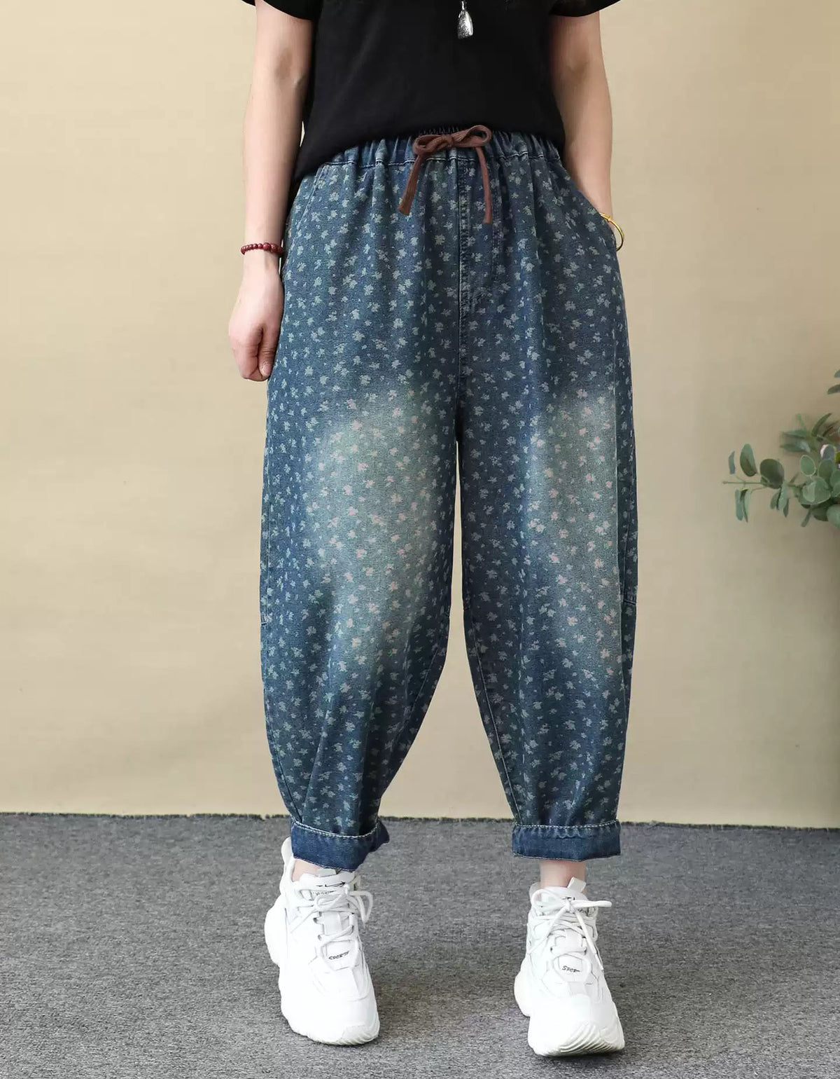 Elastic Waist Floral Denim Pants for Women Relaxed
