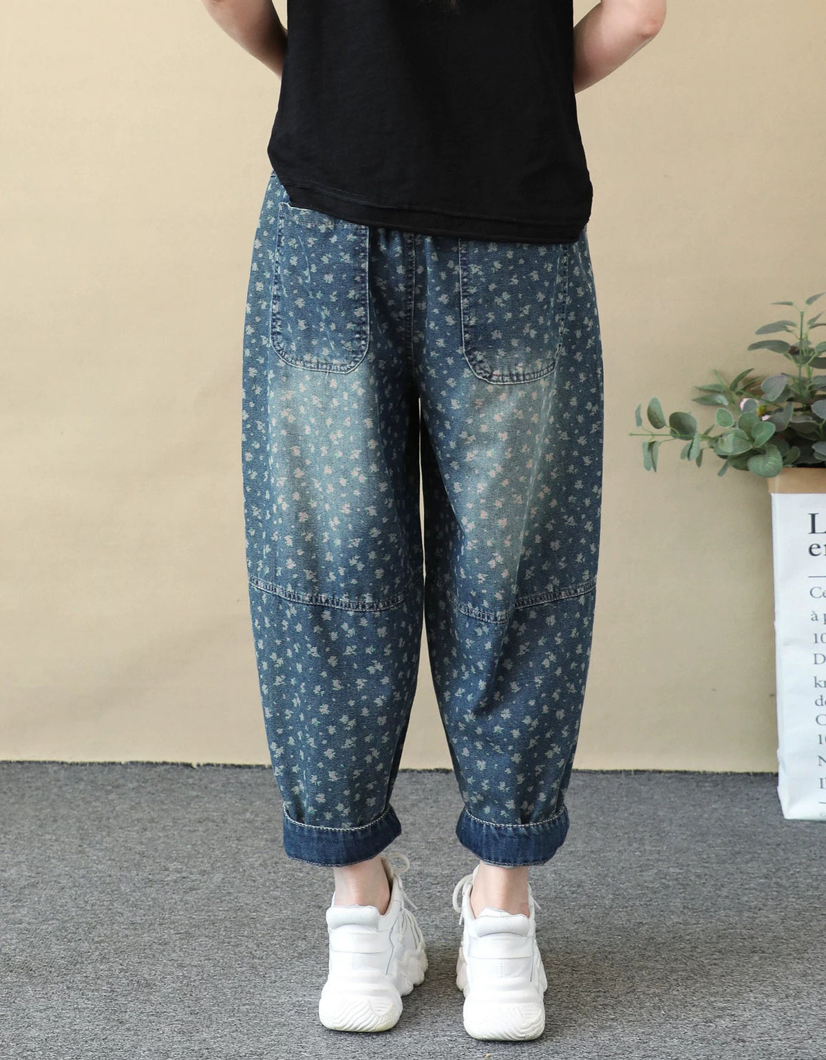 Women's Vintage Washed Denim Balloon Pants Floral