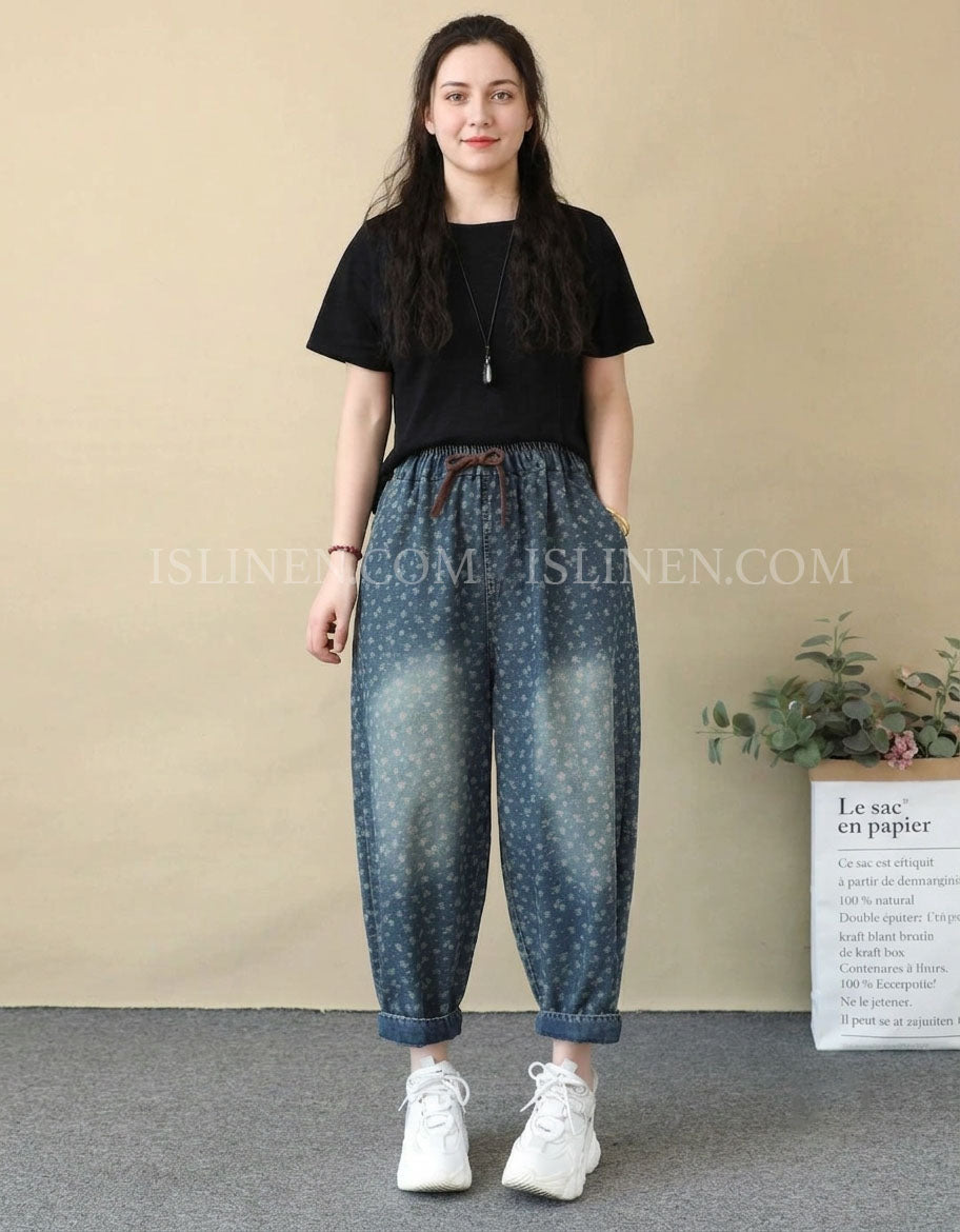 Women's Loose Fit Floral Denim Harem Pants Casual