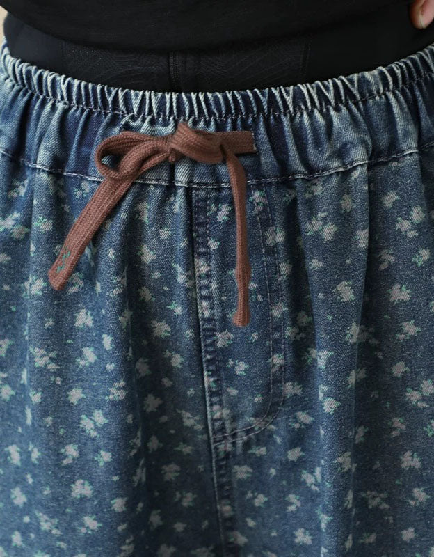 Casual Floral Denim Jogger Pants with Pockets Women