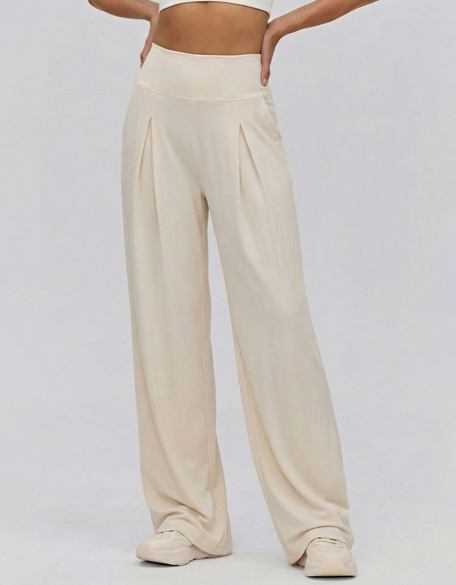 Women’s High Waisted Wide Leg Pants – Beige Relaxed Fit Lounge Trousers