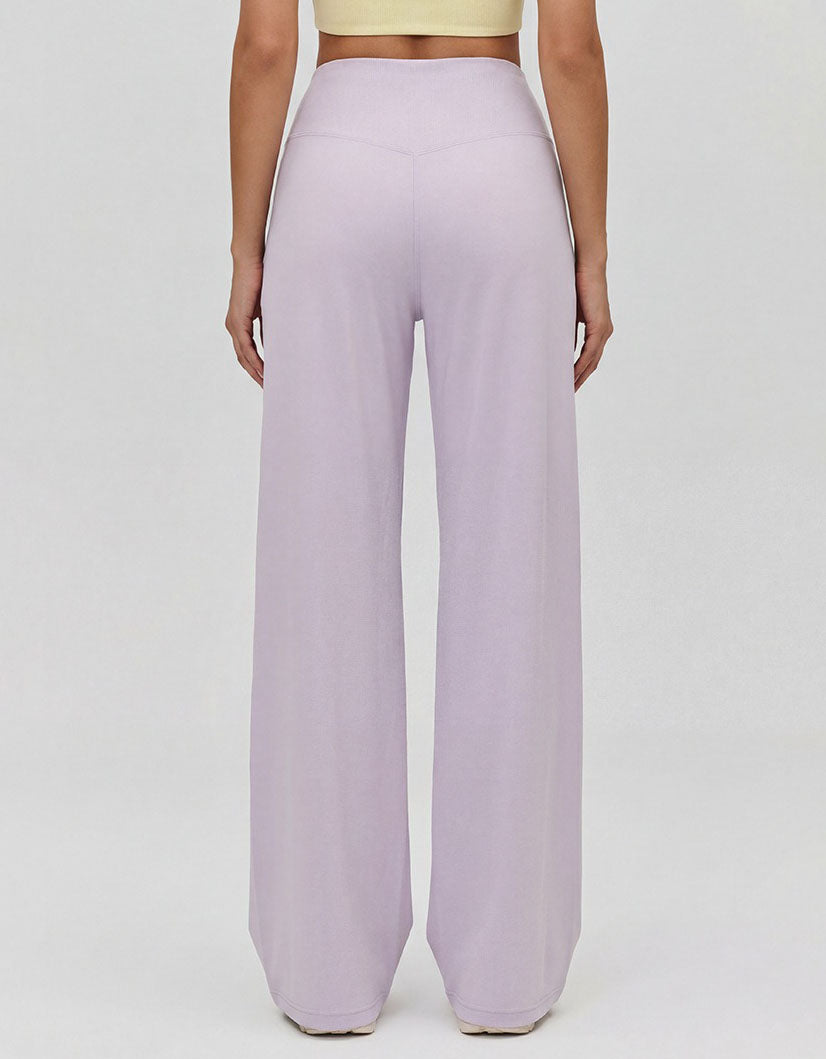 High waisted purple trousers with pleated front and comfortable waistband