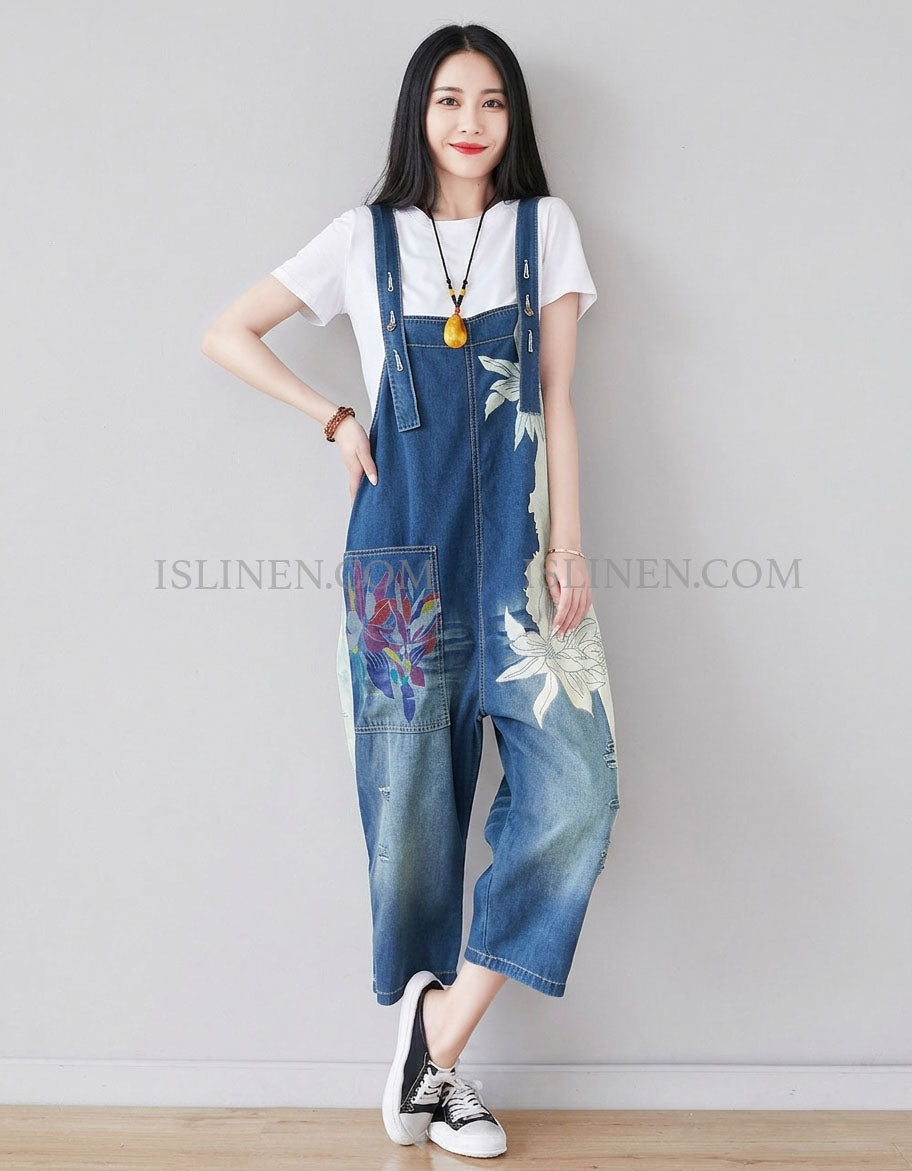 Women’s Denim Overalls Floral Print Loose Fit Jumpsuit