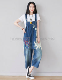 Women’s Denim Overalls Floral Print Loose Fit Jumpsuit