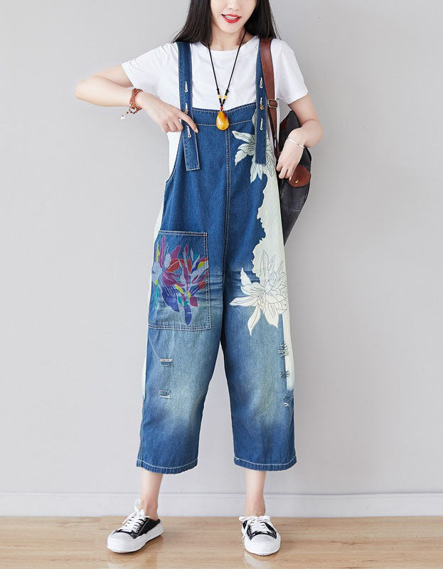 Casual Denim Jumpsuit Women Floral Loose Bib Overalls