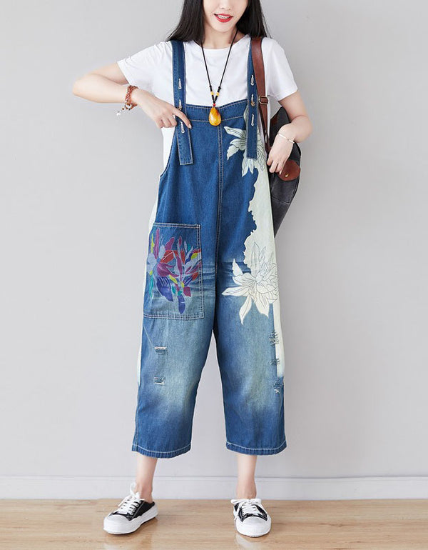 Casual Denim Jumpsuit Women Floral Loose Bib Overalls