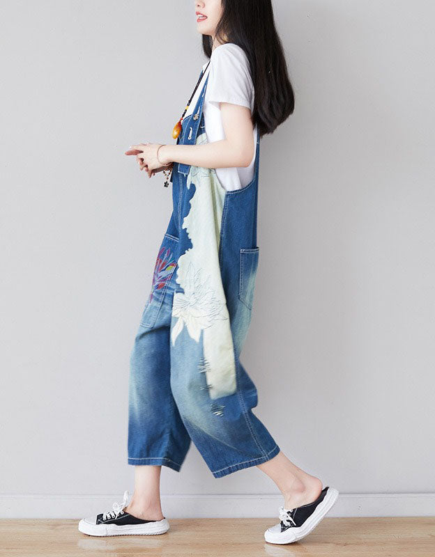 Vintage Denim Overalls with Floral Print Wide Leg