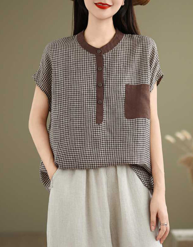 Casual Retro-Inspired Checkered Cotton Linen Top