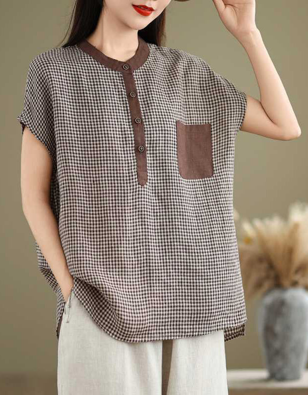 Casual Retro-Inspired Checkered Cotton Linen Top