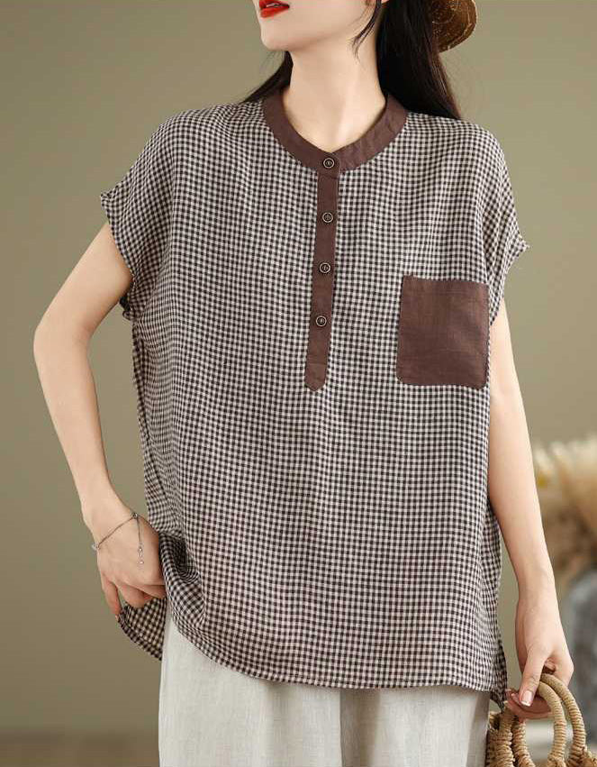 Casual Retro-Inspired Checkered Cotton Linen Top