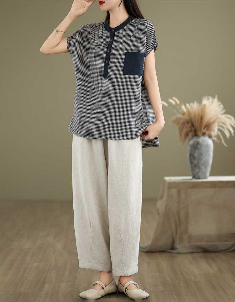Casual Retro-Inspired Checkered Cotton Linen Top