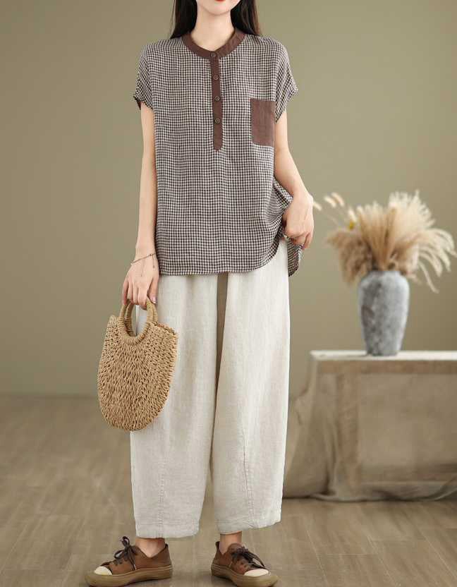 Casual Retro-Inspired Checkered Cotton Linen Top