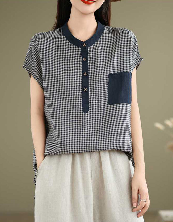 Casual Retro-Inspired Checkered Cotton Linen Top