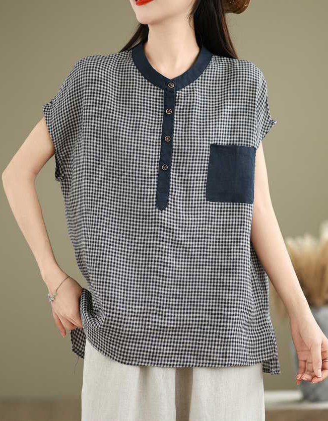 Casual Retro-Inspired Checkered Cotton Linen Top