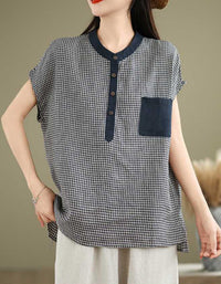 Casual Retro-Inspired Checkered Cotton Linen Top