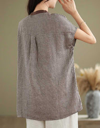 Casual Retro-Inspired Checkered Cotton Linen Top