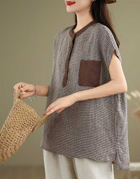 Casual Retro-Inspired Checkered Cotton Linen Top