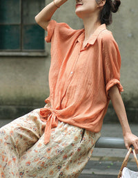 Casual Rolled Sleeve Front Knot Summer Shirt