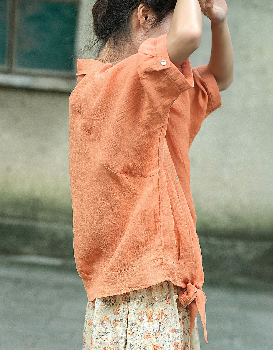 Casual Rolled Sleeve Front Knot Summer Shirt